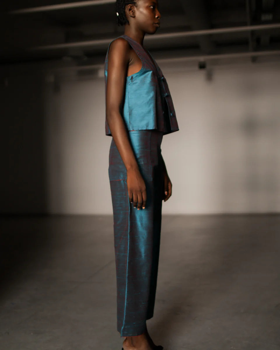 DAMYAS - Pantalon Ira en Shantung de Soie – Teal Glow