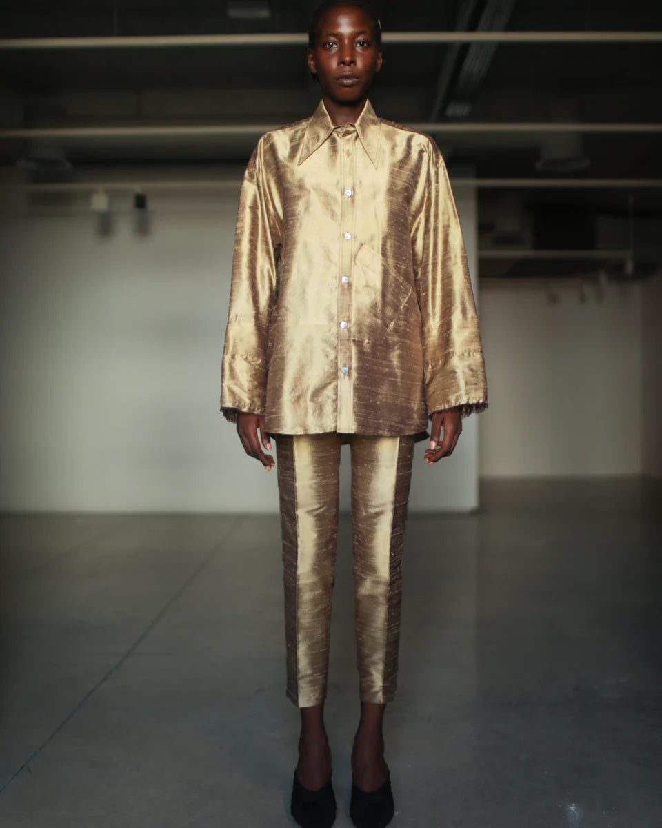 DAMYAS - Pantalon Ellie en Shantung de Soie – Or Antique