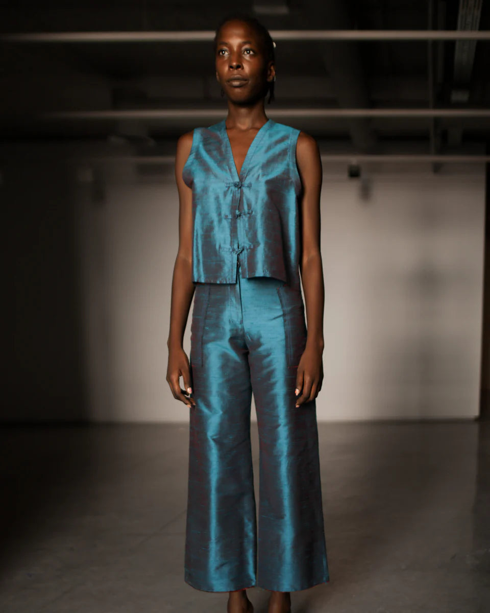 DAMYAS - Pantalon Ira en Shantung de Soie – Teal Glow
