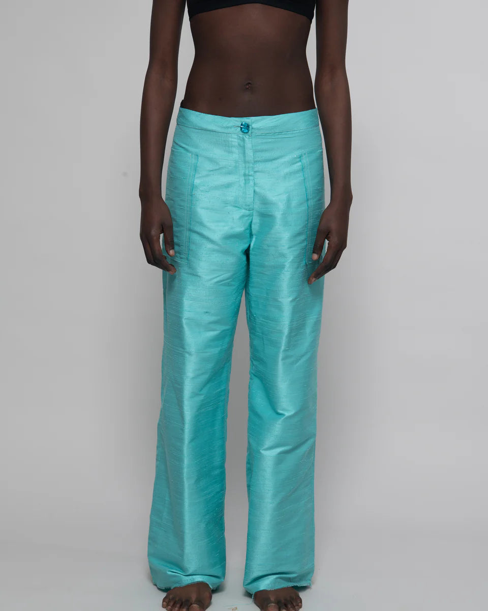 DAMYAS - Pantalon Ira en Shantung de Soie – Turquoise Clair