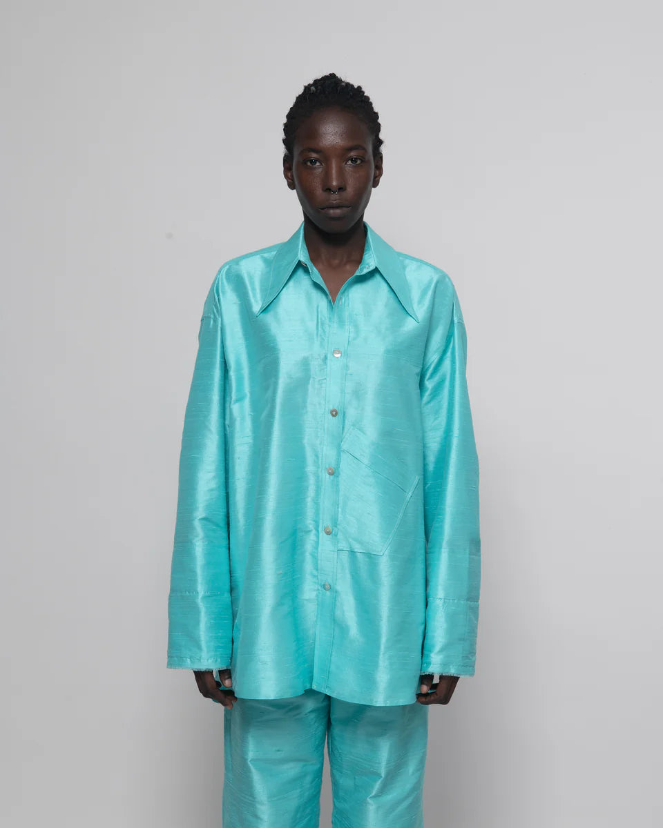 DAMYAS - Chemise Ellie en Shantung de Soie – Turquoise Clair