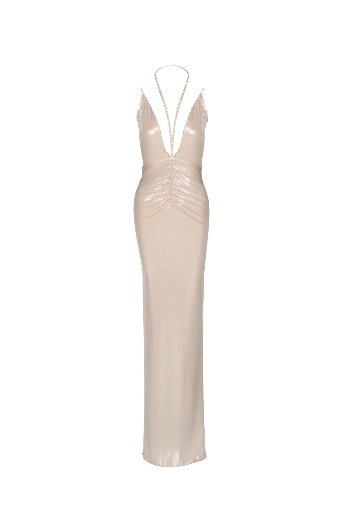 BEYDA UZAL – Robe Longue Décolleté Plongeant en Beige Brillant – ÉDITION COUTURE